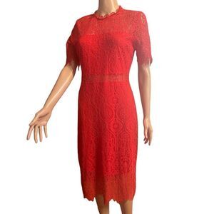 Lulus Red Lace Midi Dress Short Sleeve Sheer Cutout Scalloped Hem Back Zipper